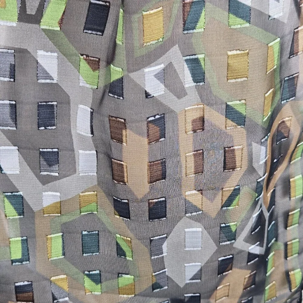 Semi Sheer Oblong Scarf Black Green Brown White Geometric Square Pattern